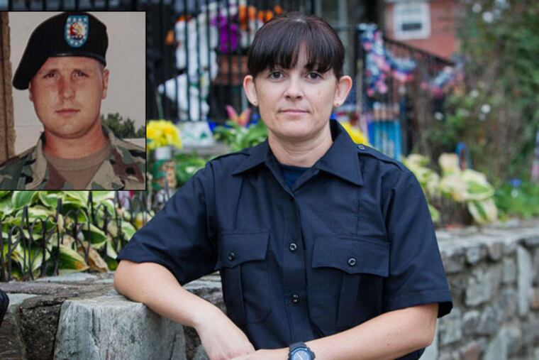 Maria Gill on her first day at the Fire Department Academy. She is the widow of Tim Gill (inset), a former Philadelphia firefighter who took his own life after struggling for years with PTSD.