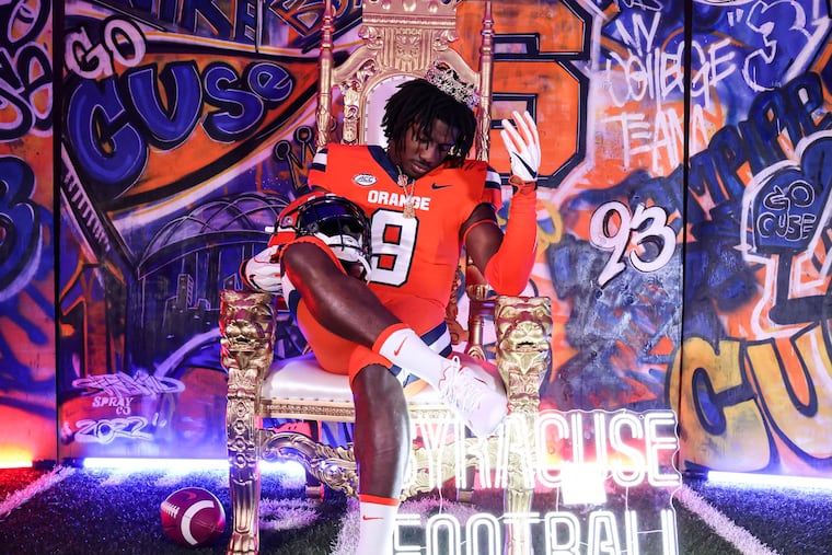 Lonnie Rice sports a Syracuse uniform during a recent visit. Rice, who starred at Bishop McDevitt, signed with the Orange during the NCAA's early period for national signing day.