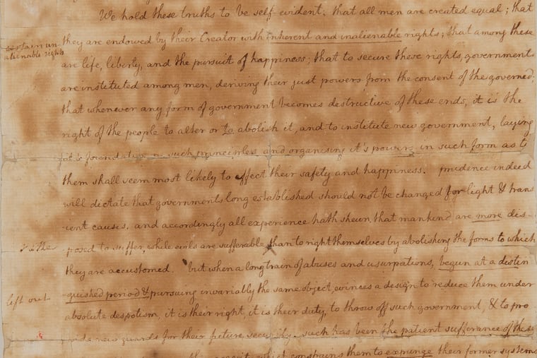 A copy of a handwritten, original version of the Declaration of Independence from the collection of the American Philosophical Association.