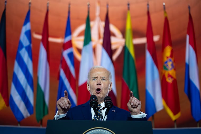 President Joe Biden delivers remarks on the 75th anniversary of NATO at the Andrew W. Mellon Auditorium on July 9 in Washington.