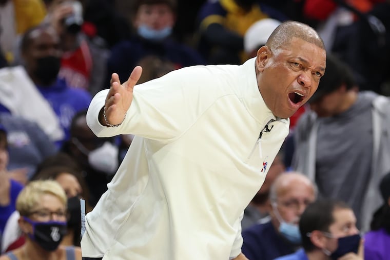 Coach Doc Rivers of the Sixers directs his players during their game against the Nets at the Wells Fargo Center on Oct. 22, 2021.