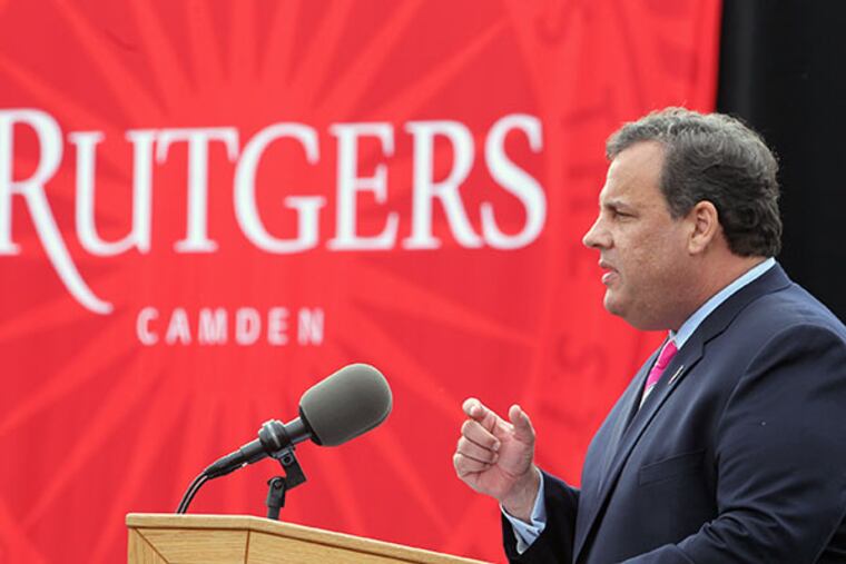 Gov. Chris Christie speaks before a ceremonial groundbreaking on Oct. 16, 2013, for a Rutgers Nursing and Science Building. ( CHARLES FOX / Staff Photographer )