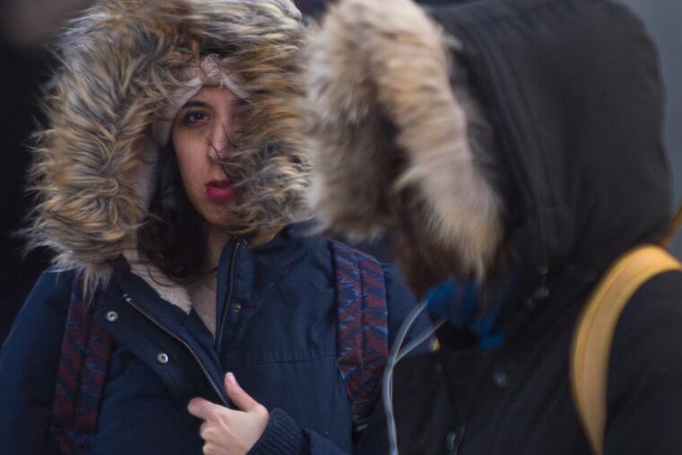 Two women wearing hooded fur coats shield from the cold air, near 13 Walnut St, Philadelphia. Wednesday, December, 13, 2017.