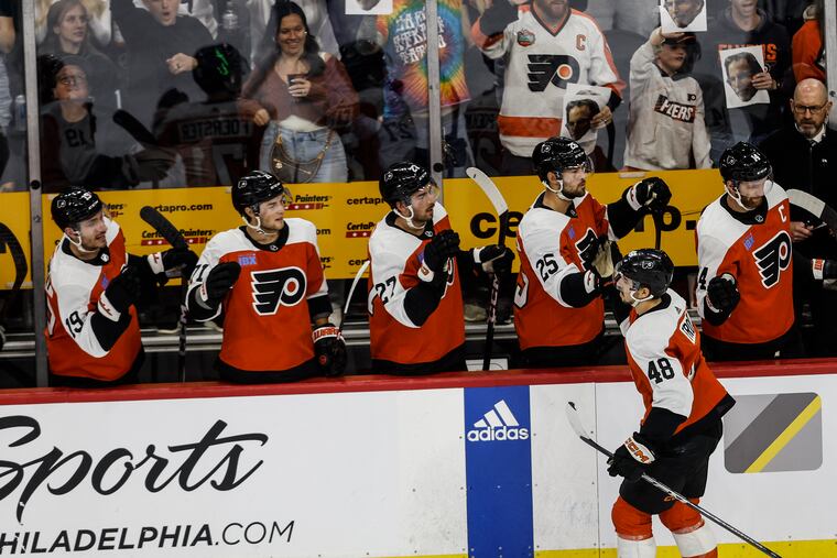 Morgan Frost celebrates his power-play goal for the Flyers against the Sharks during the second period Tuesday at the Wells Fargo Center.