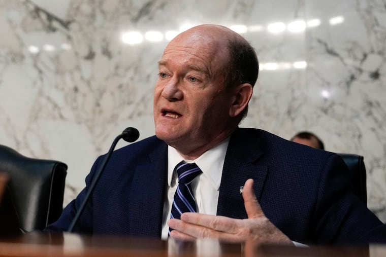 Sen. Chris Coons, D-Del., speaks at the Senate Judiciary Committee hearing in 2025.