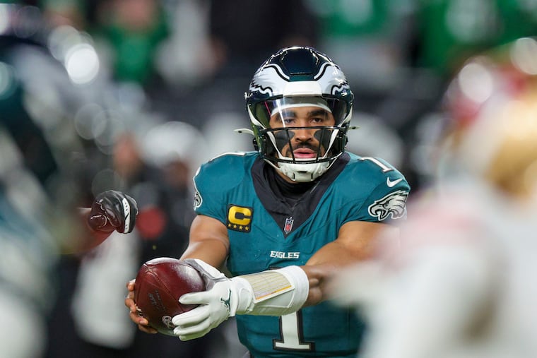 Jalen Hurts during the first half of the Eagles' wild-card game against the 49ers at the Linc.