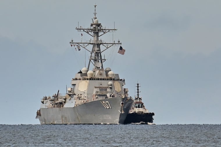 The USS Gravely destroyer arrives to dock for military exercises in Port-of-Spain, Trinidad and Tobago, Sunday, Oct. 26, 2025.