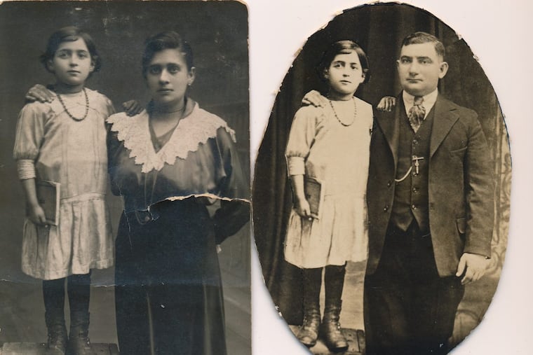 David Mink’s mother, Sylvia Pseny, then 6, with her mother, Dora, in 1918, and her father, Jacob, sometime after 1920. The photo on the left is an original, while the photo on the right is a composite made after Sylvia and her mother immigrated to the U.S. in 1920.