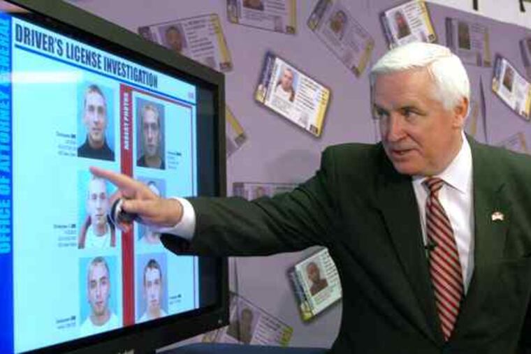 Attorney General Tom Corbett highlights one man who was issued six fake driver's licenses by PennDot. A grand jury probe of such fakes has resulted in charges against 45 people.