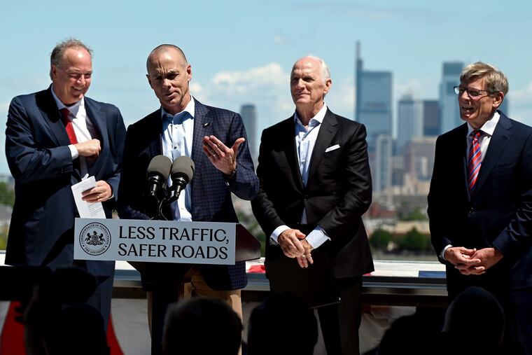 Leaders of the city’s professional sports teams are together at Citizens Bank Park Thursday after Gov. Shapiro announced a significant new investment for South Philadelphia. From left are the 76ers' Tad Brown; the Eagles' Don Smolenski; the Flyers' Dan Hilferty; and the Phillies' John Middleton.