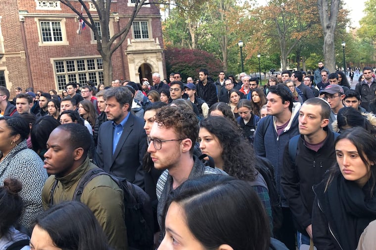 Mourners gather at a vigil hosted by Penn Hillel for victims of the Pittsburgh shooting.
