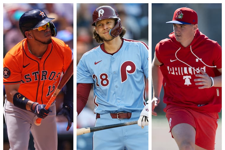 A trade for Astros third baseman Isaac Paredes (left) could be an option for the Phillies replacing Alec Bohm (center). Top prospect Aidan Miller (right) isn't close to being ready.