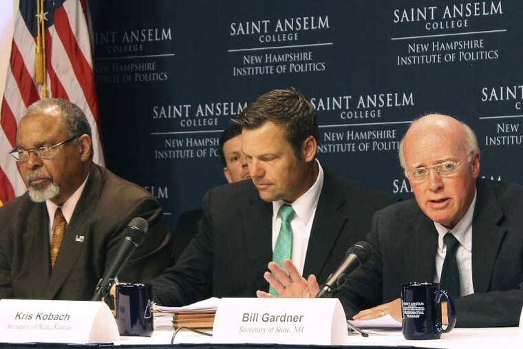 File: New Hampshire Secretary of State Bill Gardner, right, introduces a speaker at a meeting of the Presidential Advisory Commission on Election Integrity on Tuesday, Sept. 12, 2017 in Manchester, N.H. Kansas Secretary of State Kris Kobach (center) and former Ohio Secretary of State Ken Blackwell (left) also attended. Commission member David Dunn died this week of complications during surgery.