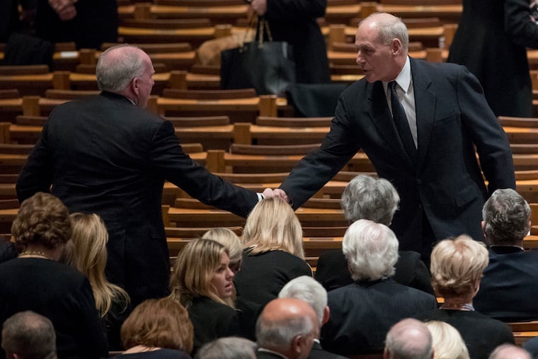 Former CIA Director John Brennan, left, shakes hands with President Donald Trump's Chief of Staff John Kelly, right, before a State Funeral for former President George H.W. Bush at the National Cathedral, Wednesday, Dec. 5, 2018, in Washington. Brennan is one of many public officials who, Marc Thiessen writes, overstated the evidence linking President Trump to collusion with Russia before the Mueller report was released.