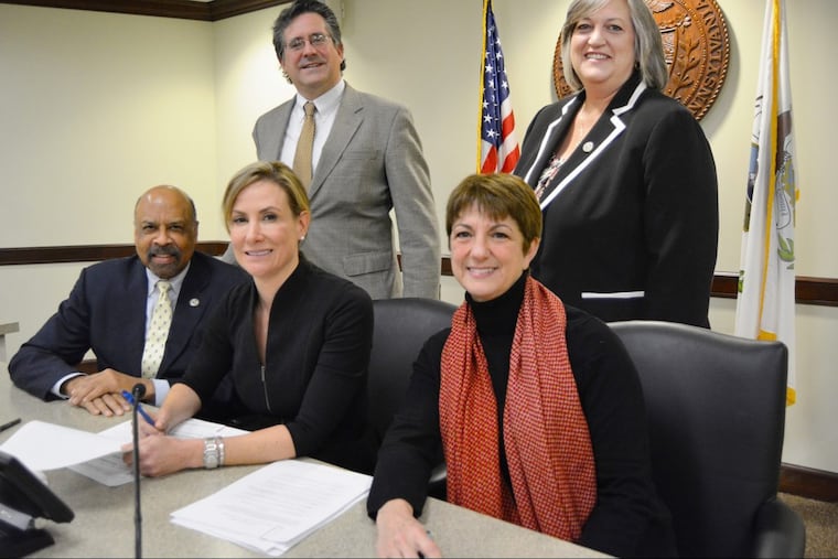 Chester County's retirement board on Dec. 21, 2017 said it voted to invest $2 million in a local venture capital fund that would focus on Chester County businesses. They established Venture Chesco, in partnership with Ben Franklin Technology Partners of Southeastern Pennsylvania, which will add $2 million and pick companies to back. Seated left to right: Chester County Commissioner Terence Farrell; Chester County Commissioners’ Chair Michelle Kichline; Chester County Treasurer Ann Duke. Standing, left to right: Chester County Controller Norman MacQueen and Chester County Commissioner Kathi Cozzone.