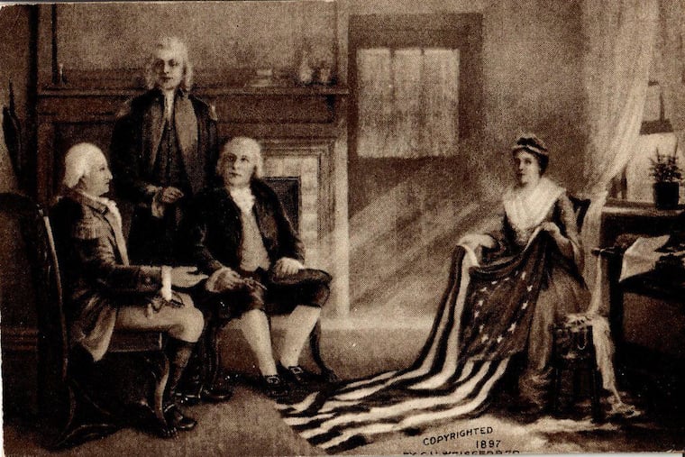 A black and white print of the painting, "Birth of Our Nation's Flag." This image is courtesy of the Betsy Ross House.
