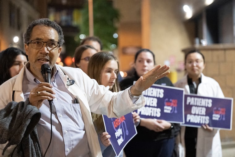 William King Jr., a doctor, speaks about how he believes a Sixers arena could hurt patients' health. Doctors, nurses, ER techs, and other medical workers gathered for the rally Tuesday night in Philadelphia.