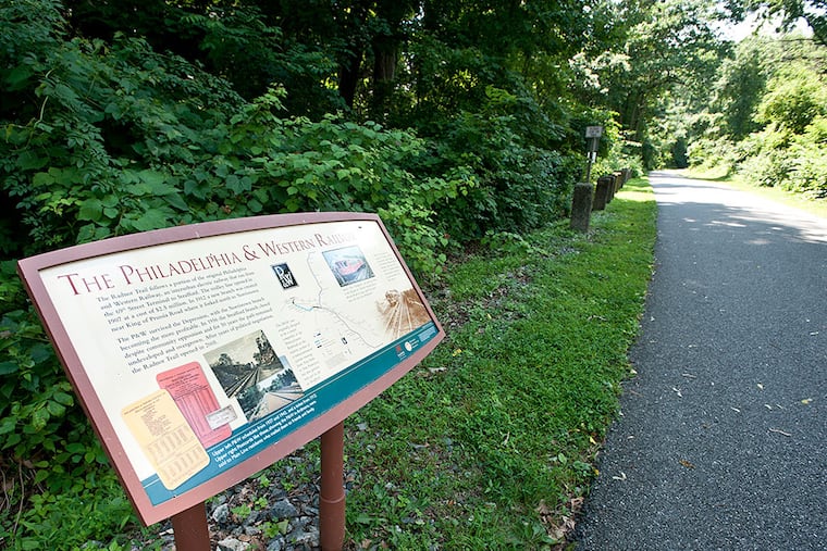An informational sign greets visitors to the Radnor Trail. A draft plan for the township envisions 28 miles of new trails, built over time, connecting open space, schools, and neighborhoods, at an estimated cost of $9.5 million. RON TARVER / Staff Photographer