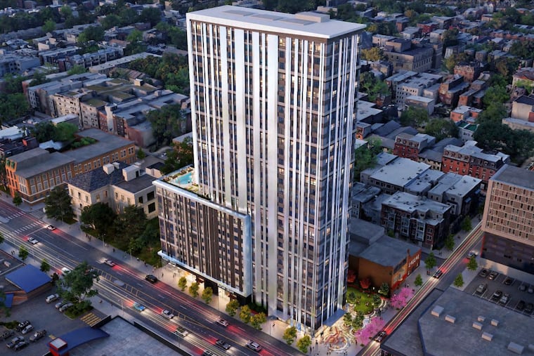 An aerial view of the new Landmark Properties project slated for Broad Street near Temple University.