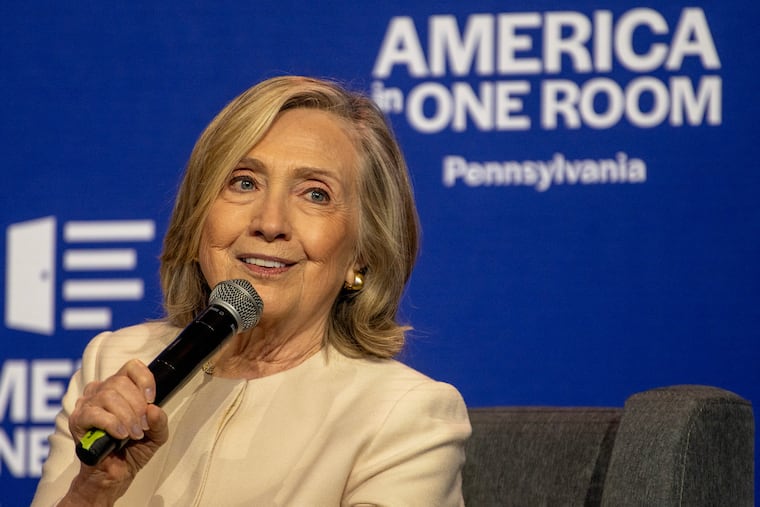 Hillary Clinton appears at the "America in One Room: Pennsylvania" event Sunday, June 8, 2025, an event in which 175 voters from all over the state (various parties and demographics) talk about various issues.
