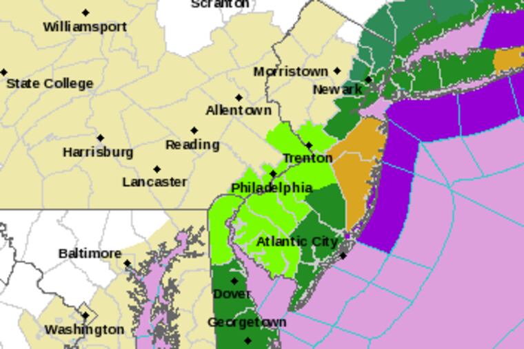 Dark-green areas are under flood warning; light green, flood advisory.