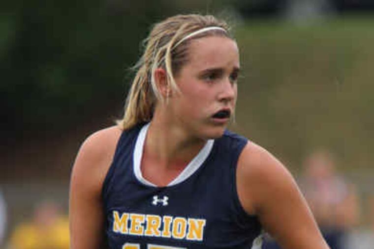Merion Mercy's Sarah Hospodar , above, shows more offensive prowess on the field than her father, left, showed on the ice. She's headed to Boston College.