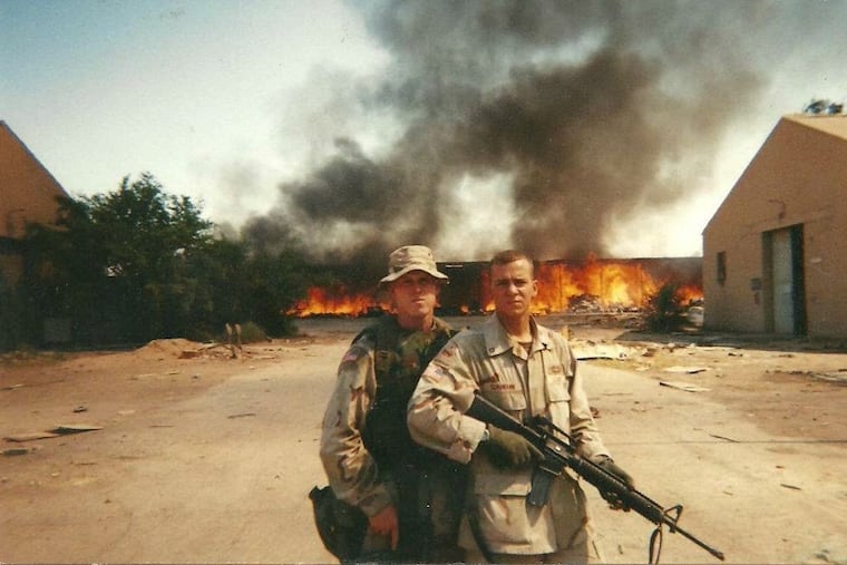 John Bruhns, left, and Adam Schumann during the Iraq War.