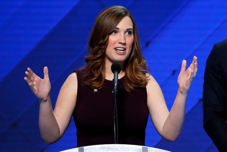 Sarah McBride speaks during the final day of the Democratic National Convention in Philadelphia in this 2016 file photo.