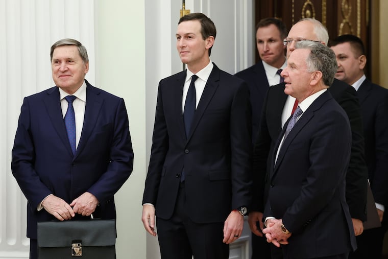 Russian Presidential foreign policy adviser Yuri Ushakov and, from left, U.S. President Donald Trump's son-in-law Jared Kushner, U.S. special envoy Steve Witkoff, and Russian Direct Investment Fund CEO Special Presidential Representative for Investment and Economic Cooperation with Foreign Countries Kirill Dmitriev, behind Witkoff, arrive to attend talks with Russian President Vladimir Putin at the Senate Palace of the Kremlin in Moscow, Russia, Dec. 2, 2025.