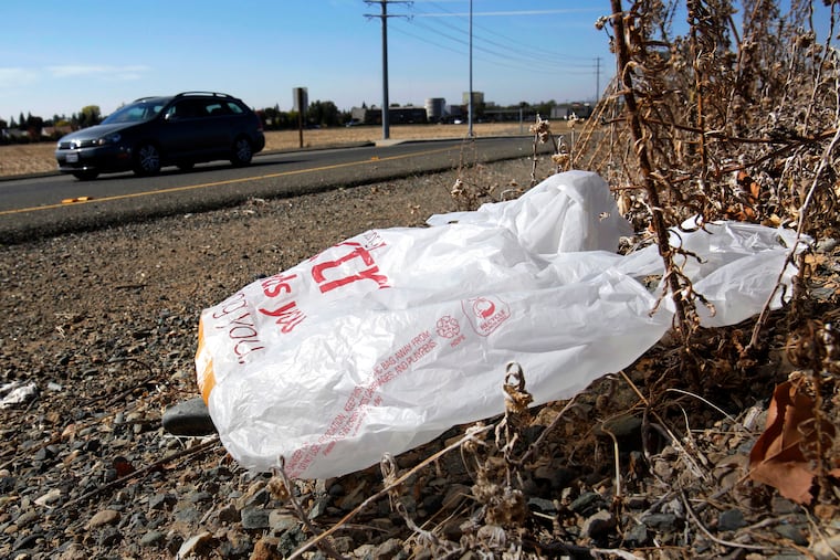 FILE - A plastic bag blown along a road.