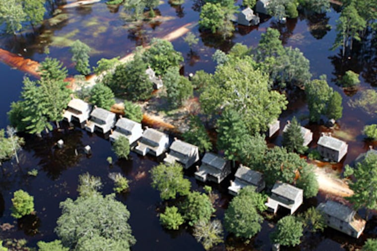 An aerial view of floodwaters that engulfed Batsto when Hurricane Irene hit. More than 20 buildings were damaged and a key road was closed. (New Jersey Department of Environmental Protection)