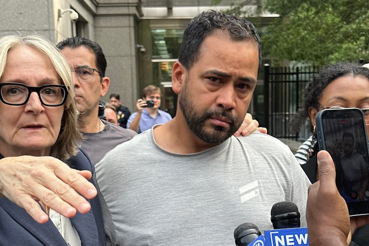 Manuel Hernandez leaves U.S. district court in Manhattan with his lawyer, Amy Gallicchio, on Monday, Aug. 10, 2026, after being charged in the deaths of two people in a boating accident in New York Harbor.