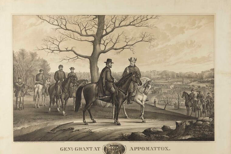 Gens. Ulysses S. Grant and Robert E. Lee in a lithograph from a drawing by Pvt. Edgar Klemroth of the Sixth Pennsylvania Cavalry. Lee is "the same as usual, but older," John Gibbon wrote, "and his face has a very sad expression. I did not see him smile once. . . ."