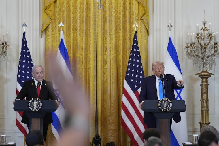 President Donald Trump and Israeli Prime Minister Benjamin Netanyahu take questions during a February news conference at the White House.