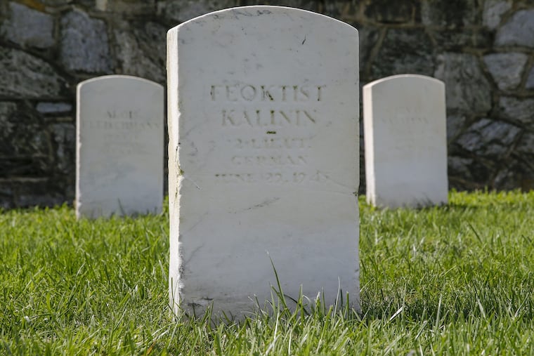 The grave of World War II POW 2nd Lt. Feoktist Kalinin at Finns Point National Cemetery in Pennsville.