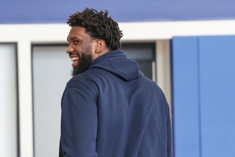 Joel Embiid exits after speaking to the media for the first time since his injury at the 76ers' training complex in Camden on Thursday.