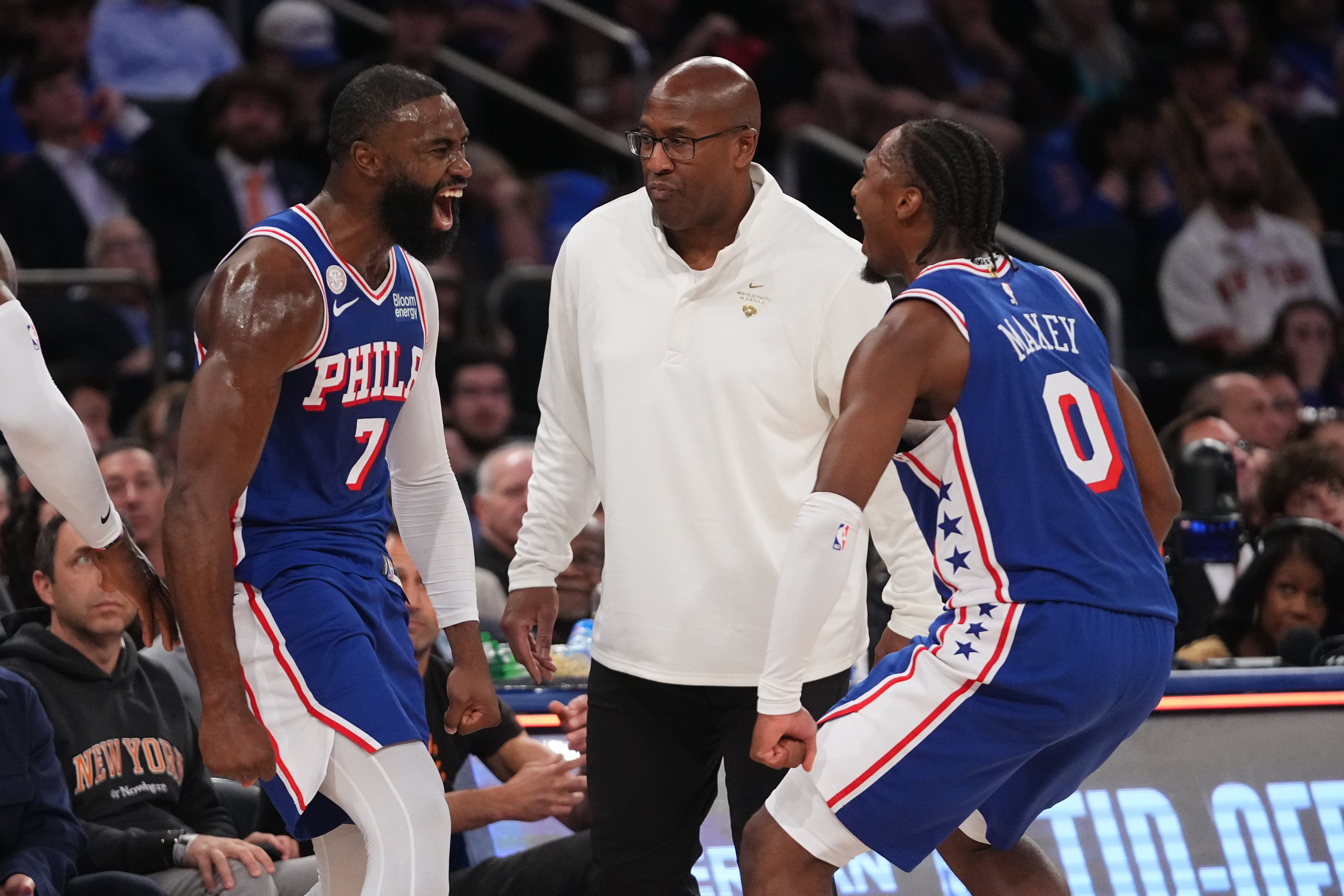 76ers win opening game with LeBron James and Jaylen Brown, beating NBA champion Knicks 106-100