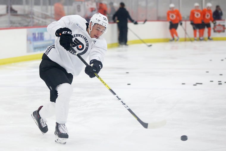 Center German Rubtsov takes a shot during the Flyers' development camp at the Skate Zone in Voorhees on Wednesday.
