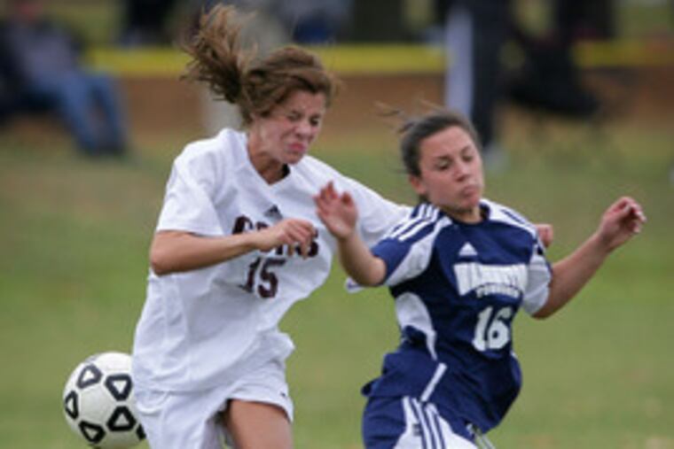 The Rams' Chelsea Duffy (left) skirmishes with Washington Township's Robin Valerio.
