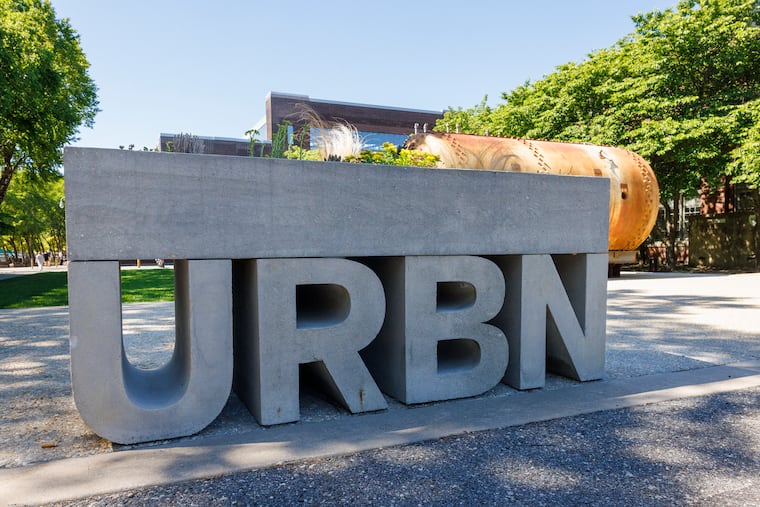 A concrete Urban Outfitters sign at the Navy Yard in Philadelphia.