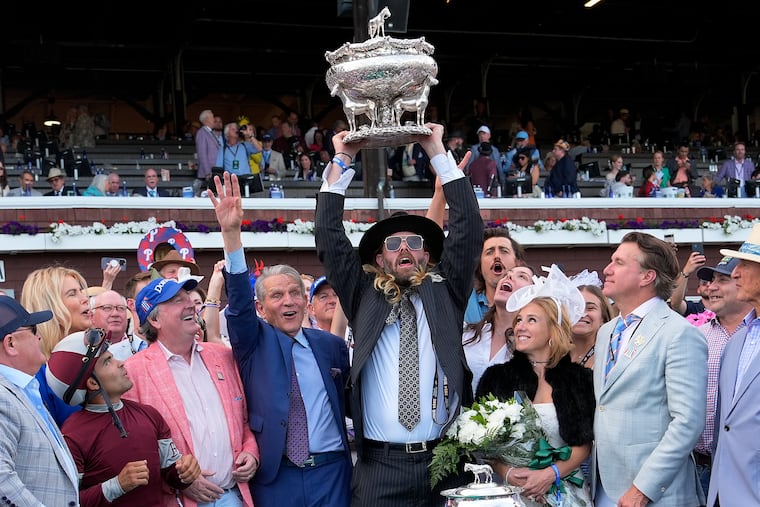 Jayson Werth, center, celebrates after his horse Dornoch won the Belmont Stakes in June. Dornoch finished 10th in the Kentucky Derby in 2024.