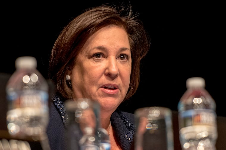 Superintendent Amy Sichel speaks as the the Abington School Board holds meeting April 10, 2018 with residents questioning the $25 million donation from Wall Street billionaire and alum Stephen Schwarzman. TOM GRALISH / Staff Photographer