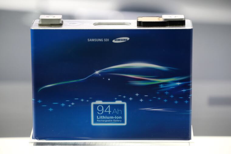 A Samsung SDI Co. lithium-ion electric automobile battery sits on display at the EV Trend Korea exhibition in Seoul, South Korea.