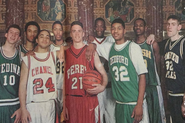 A photo of Mike Gansey (far right) and LeBron James (to the left of Gansey) that originially appeared in the Cleveland Plain Dealer in 2000. Gansey and James both played high school basketball in Ohio.