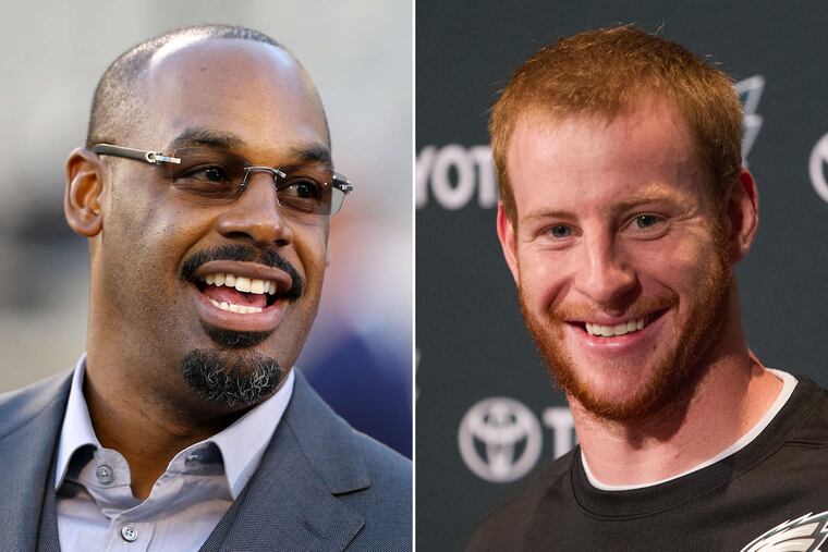 Donovan McNabb (left) made some controversial comments about Carson Wentz (right).