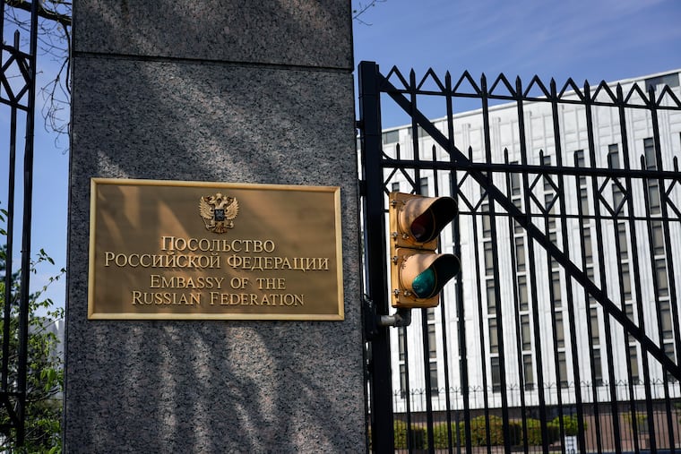 The entrance gate of the Embassy of the Russian Federation is seen in Washington.