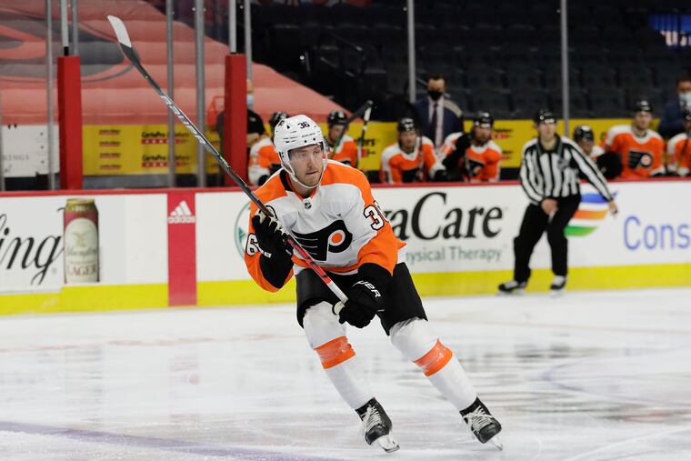 Flyers right winger Linus Sandin skates during an intrasquad game on in 2021.