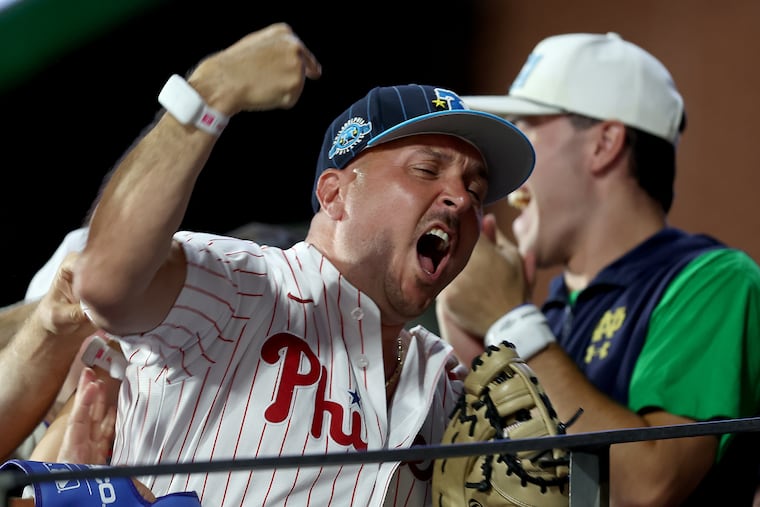A fan reacts after a home run from Tampa Bay Rays Junior Caminero in the MLB Home Run Derby in Philadelphia on Monday.