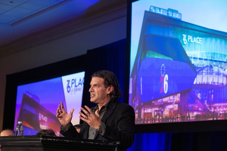 David Adelman, a Sixers co-owner and the lead developer of the team's planned downtown arena, outlines his vision for the development during a public meeting held in Philadelphia in November 2023.
