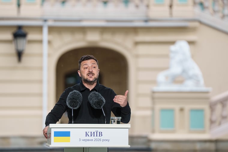 Ukraine's President Volodymyr Zelenskyy speaks to journalists during a joint press conference with NATO Secretary General Mark Rutte in Kyiv, Ukraine, on Wednesday, June 3, 2026.
